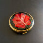 Vintage Ando Cloisonné compact, red and black enamel leaf motif, likely made as a commemorative item for Tokai Bank.