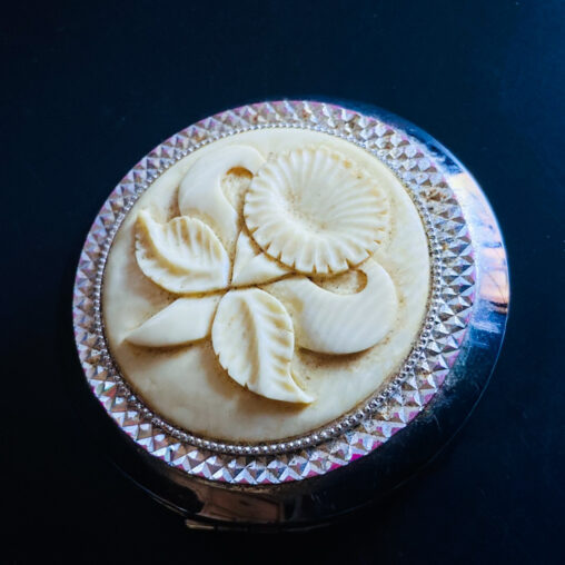 Vintage Elegance compact with genuine ivory lid, hand-carved floral design, Showa era (1960s–1970s).
