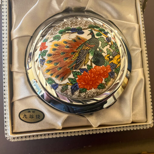Kutani porcelain compact with peacock and peony motif in original box